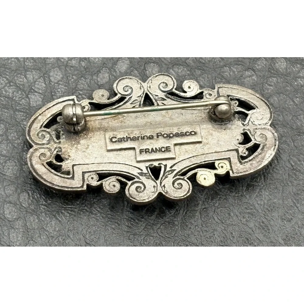 Catherine Popesco France Art Deco Style Vintage Brooch Rhinestone Silver Tone